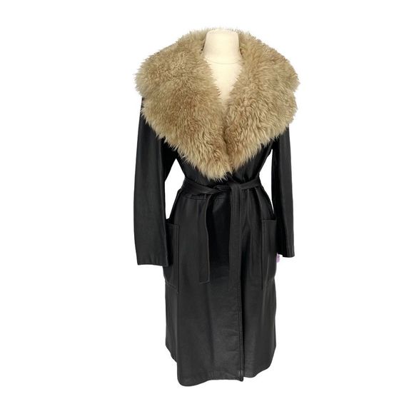 Vintage Jackets & Blazers - Vintage 70s Cyril Daniel Leather Trench Coat with Fur Collar Size M Union Made i